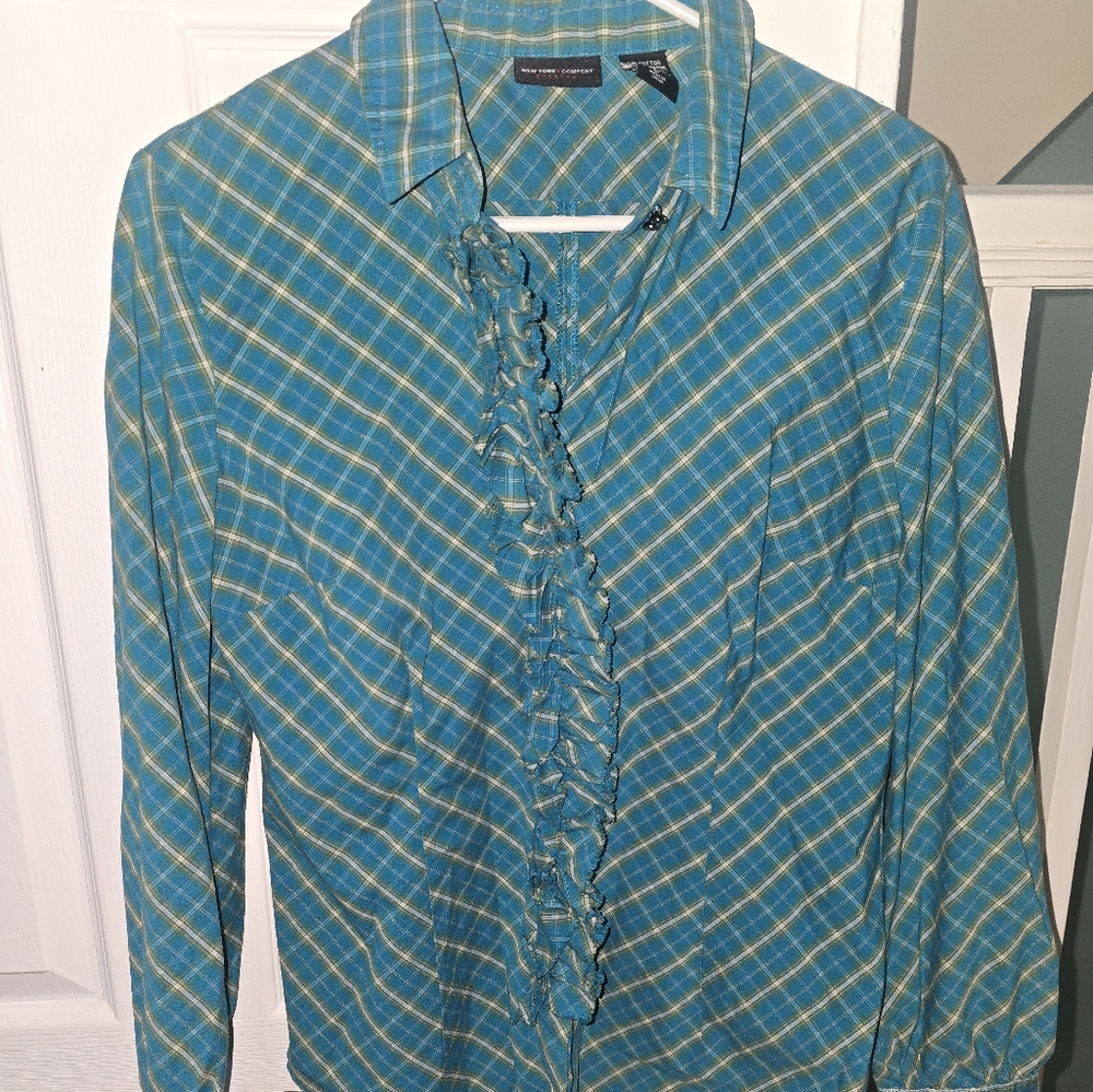 New York & company teal plaid Blouse